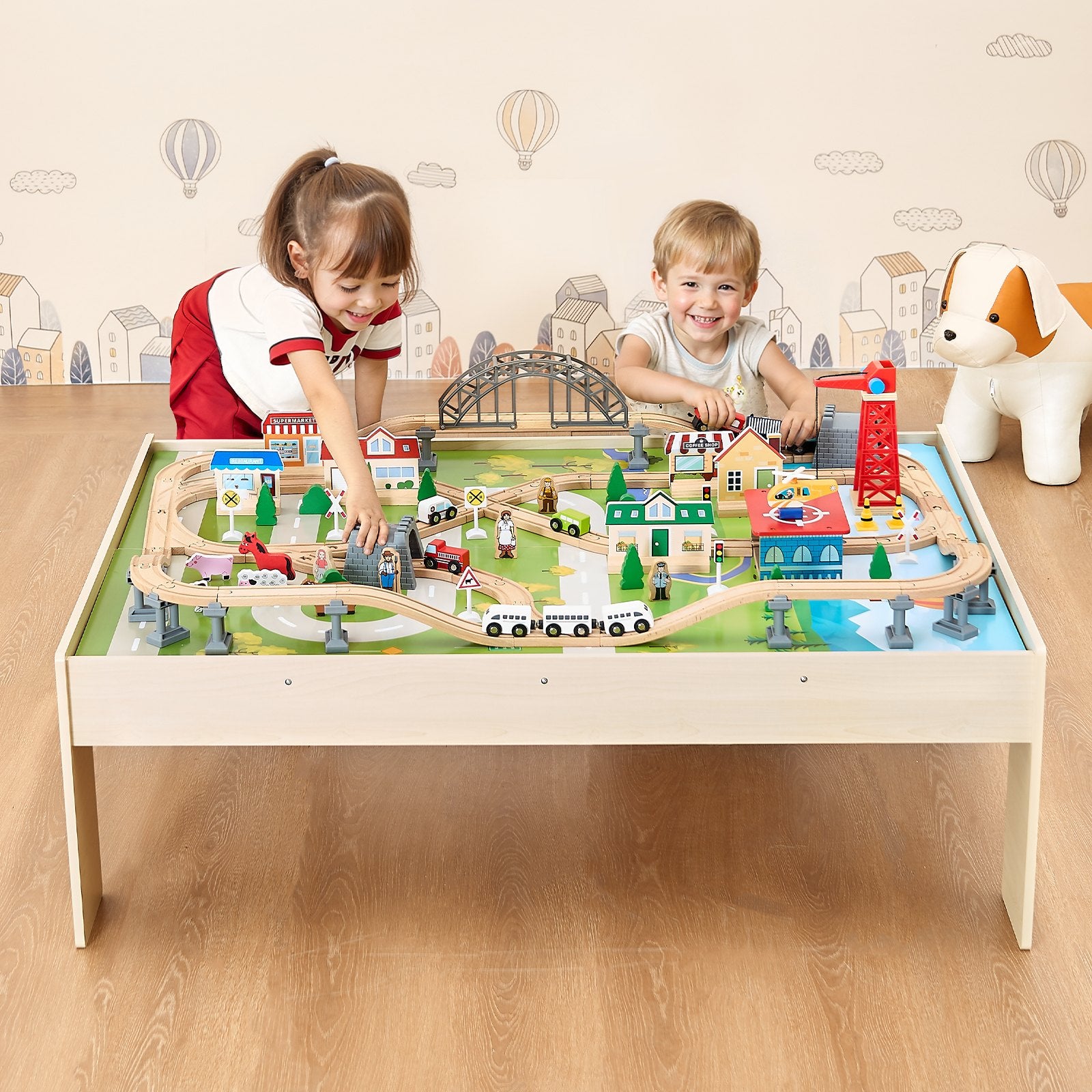 Train Table 120 Pieces Wooden Kids Activity Table With Collapsible Storage Bin