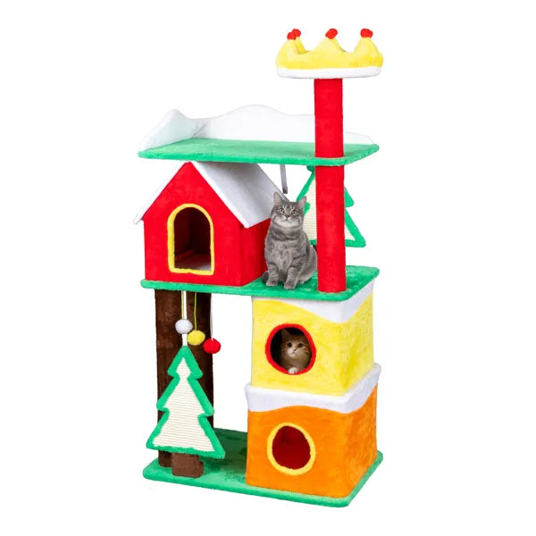 56in Christmas Themed Plush Cat Tree, Multi-level Cat Tower With Cat Condos, Top Crown Perch, Sisal Ramp Scratching Posts, Large Cat Pet Activity Center For Indoor Cats