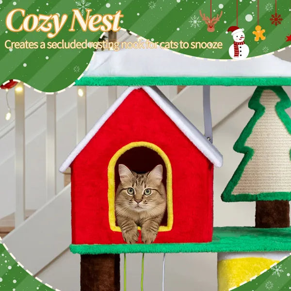 56in Christmas Themed Plush Cat Tree, Multi-level Cat Tower With Cat Condos, Top Crown Perch, Sisal Ramp Scratching Posts, Large Cat Pet Activity Center For Indoor Cats