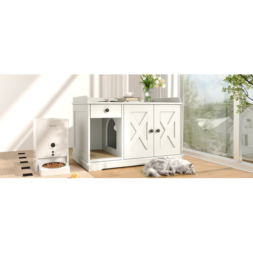 GO Cat Litter Box Enclosure, Litter Box Furniture Hidden With Cat Litter Mat, Indoor Cat House With Storage Drawer Side Table, Farmhouse Style Cat Box Cabinet For Living Room, White