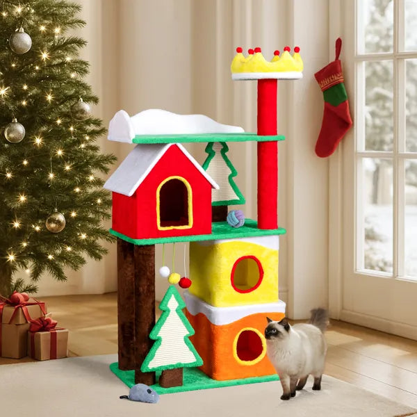 56in Christmas Themed Plush Cat Tree, Multi-level Cat Tower With Cat Condos, Top Crown Perch, Sisal Ramp Scratching Posts, Large Cat Pet Activity Center For Indoor Cats