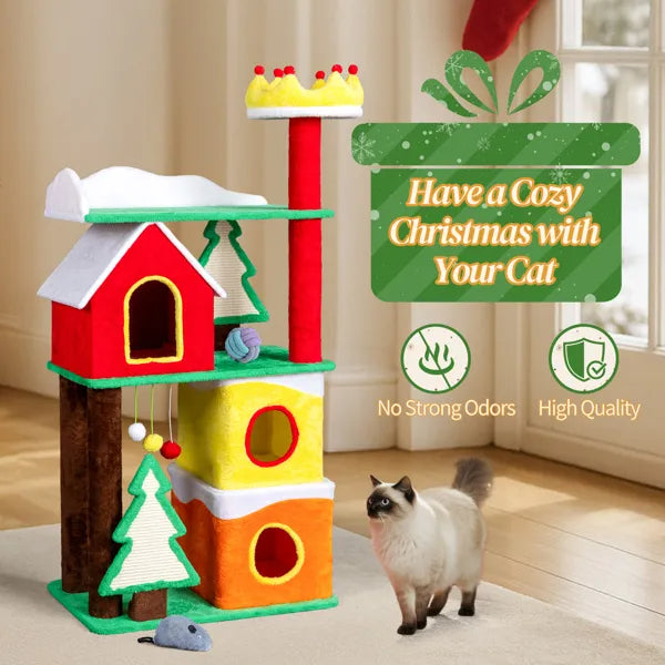 56in Christmas Themed Plush Cat Tree, Multi-level Cat Tower With Cat Condos, Top Crown Perch, Sisal Ramp Scratching Posts, Large Cat Pet Activity Center For Indoor Cats