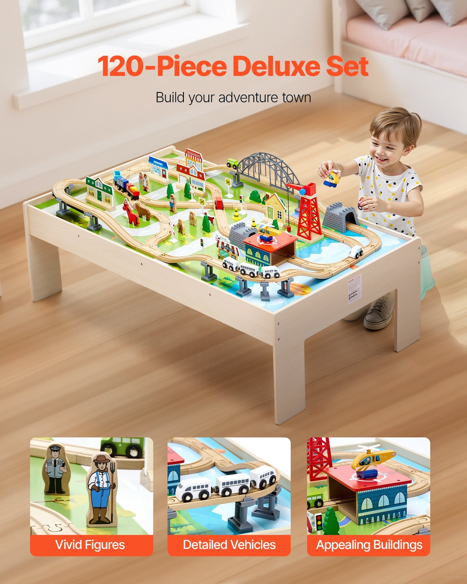 Train Table 120 Pieces Wooden Kids Activity Table With Collapsible Storage Bin