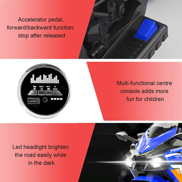 Kids Powered Ride-ons Toy, Kids Motorcycle For 3-6 Years, 12V Electric Ride On Motorcycle With Light Wheel & Bluetooth Music-Blue