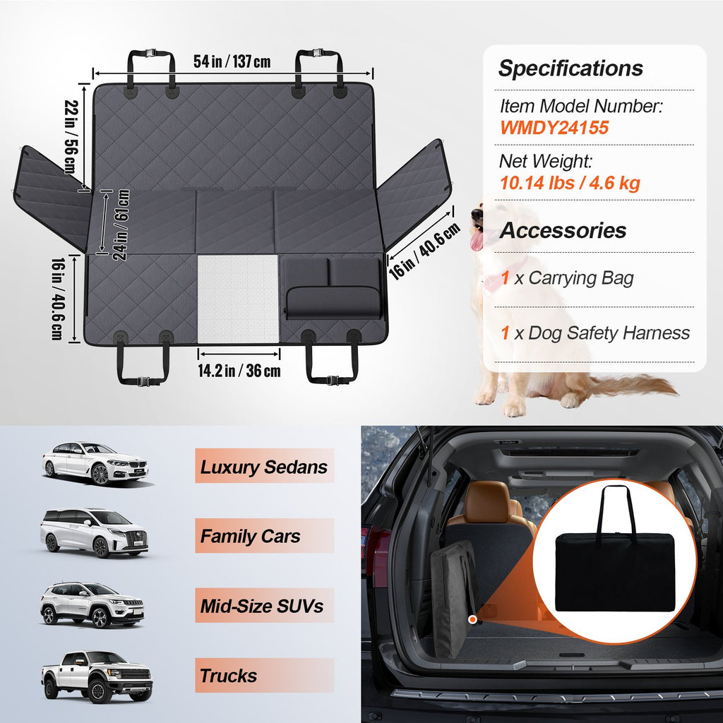 VEVOR 54 X 24 In Dog Car Seat Cover For Back Seat Waterproof 600D For Cars