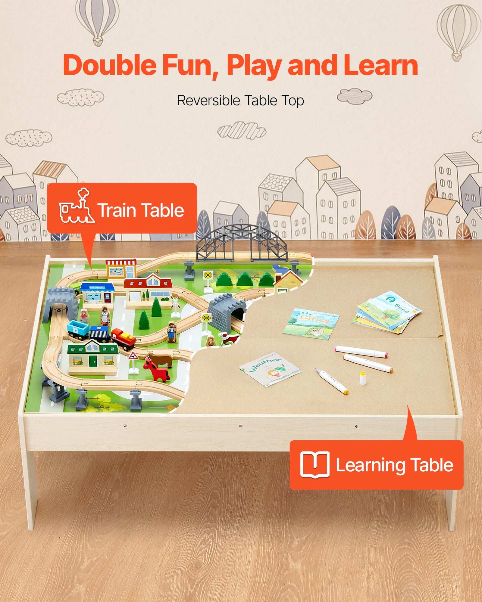 Train Table 120 Pieces Wooden Kids Activity Table With Collapsible Storage Bin