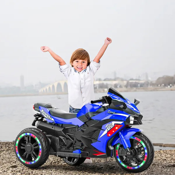 Kids Powered Ride-ons Toy, Kids Motorcycle For 3-6 Years, 12V Electric Ride On Motorcycle With Light Wheel & Bluetooth Music-Blue