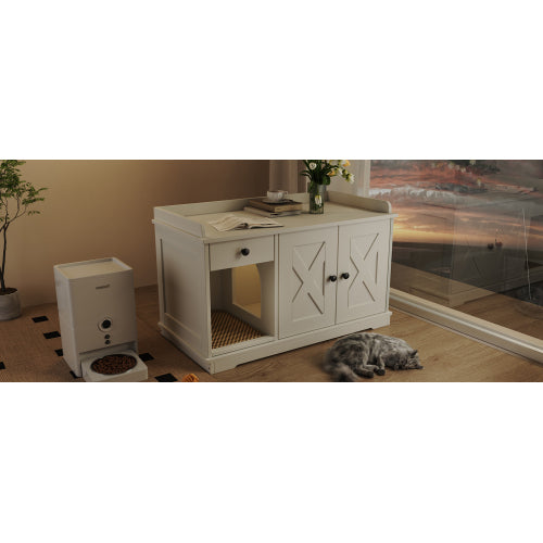 GO Cat Litter Box Enclosure, Litter Box Furniture Hidden With Cat Litter Mat, Indoor Cat House With Storage Drawer Side Table, Farmhouse Style Cat Box Cabinet For Living Room, White