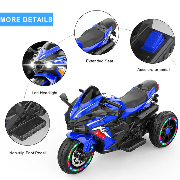 Kids Powered Ride-ons Toy, Kids Motorcycle For 3-6 Years, 12V Electric Ride On Motorcycle With Light Wheel & Bluetooth Music-Blue