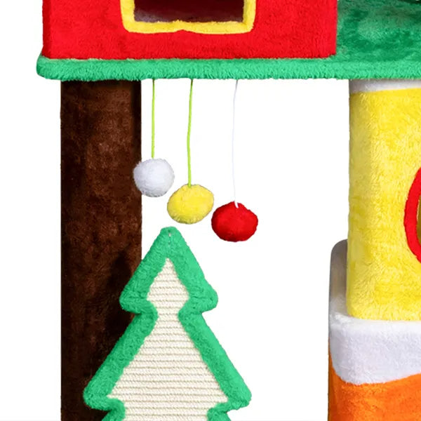 56in Christmas Themed Plush Cat Tree, Multi-level Cat Tower With Cat Condos, Top Crown Perch, Sisal Ramp Scratching Posts, Large Cat Pet Activity Center For Indoor Cats